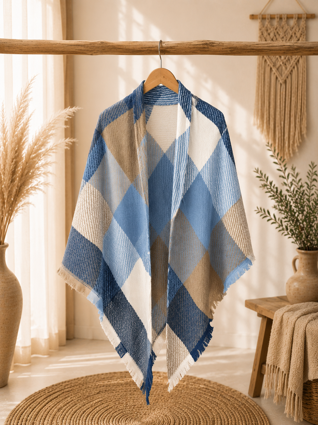 Poncho "HANNA" - karierter Poncho mit leichten Fransen