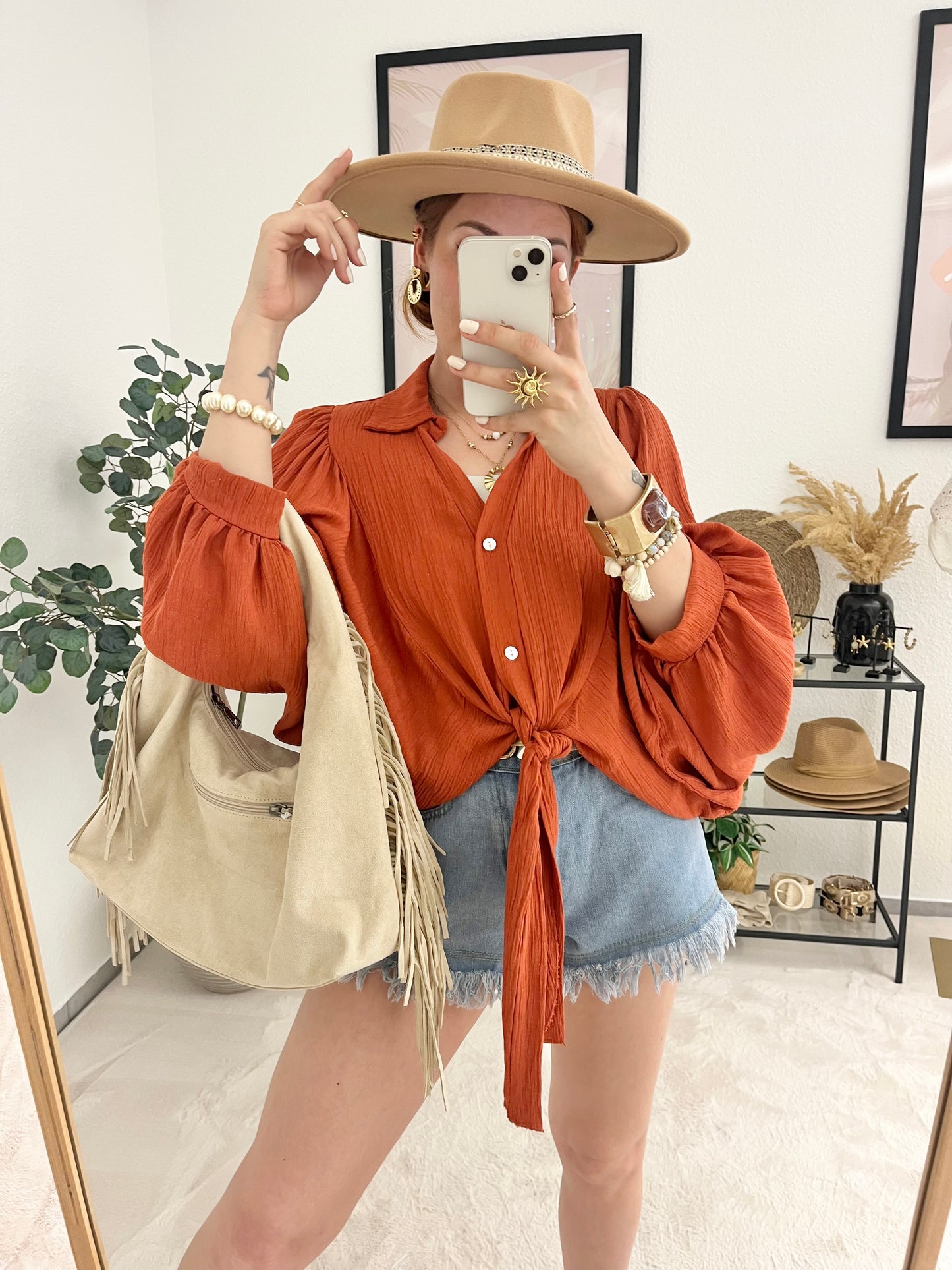 Bluse "Agneta" rost - weite Ballonbluse mit Knotenlook