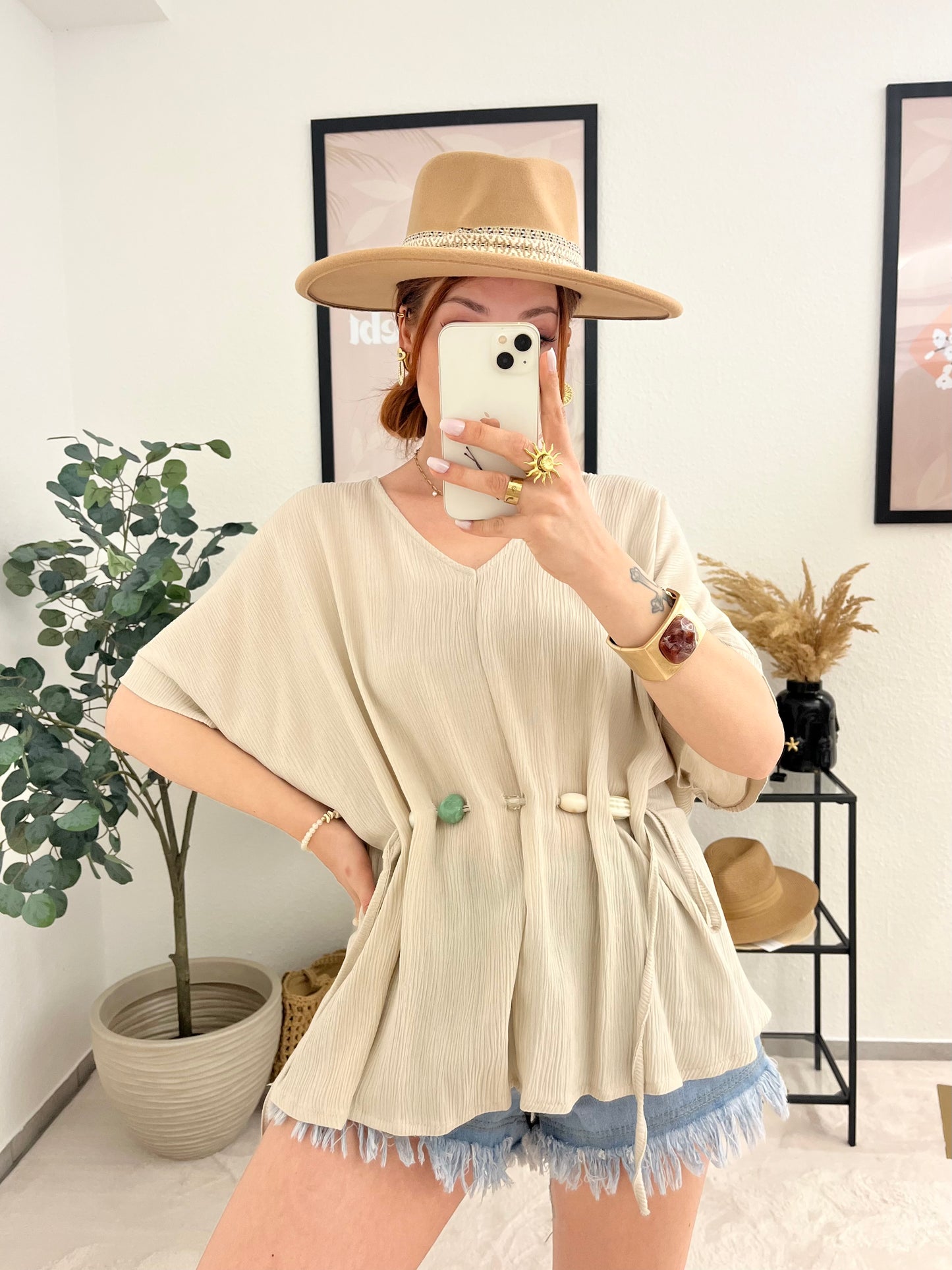 Oberteil "Anita" creme - Shirtbluse mit Steindetails