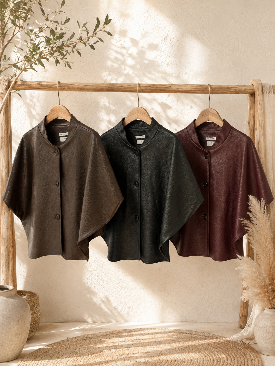 „Boho Cape-Jacke "NOELLE" in Lederoptik mit Knopfleiste - verschiedene Farben