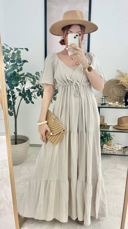 Musselinkleid "Sophia" beige - Maxikleid V-Auschnitt