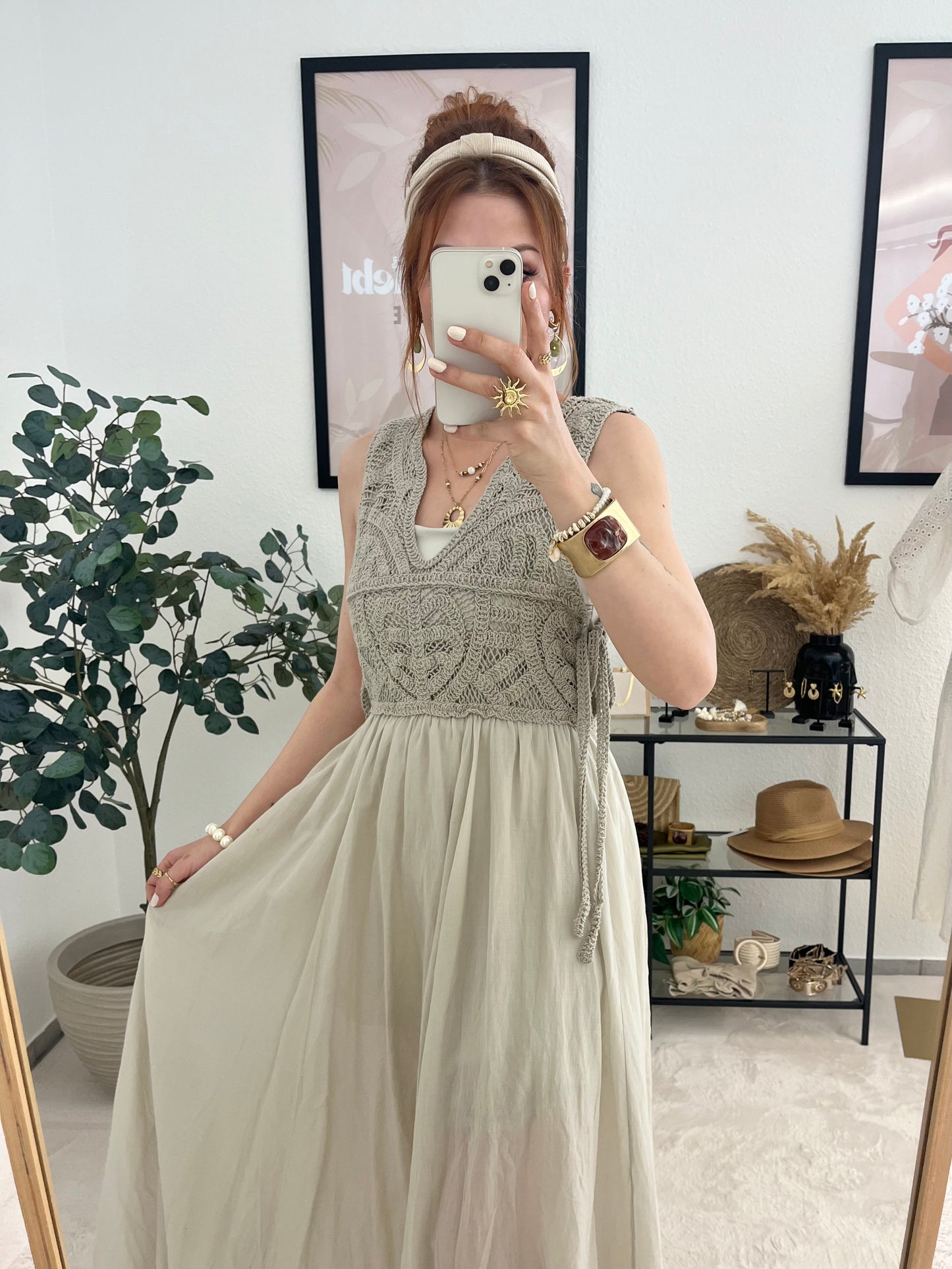 Kleid "Natalia" beige - Stricklook leichtes Kleid im Boho Style