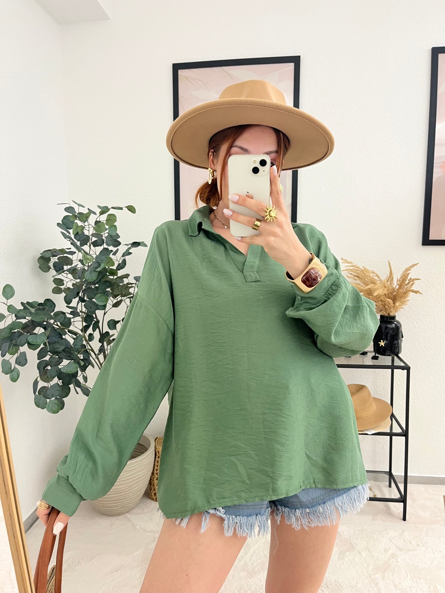 Bluse "Joline" khaki - langsarm Bluse mit Kragen