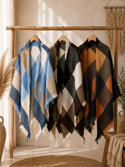 Poncho "HANNA" - karierter Poncho mit leichten Fransen