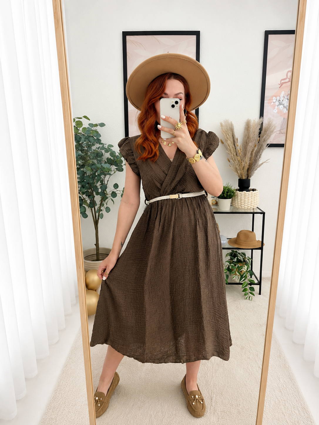 Kleid "Andrea" braun - Midikleid mit Gürtel