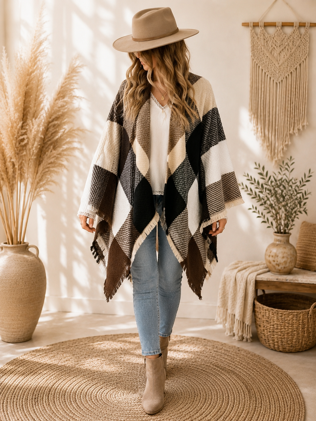 Poncho "HANNA" - karierter Poncho mit leichten Fransen