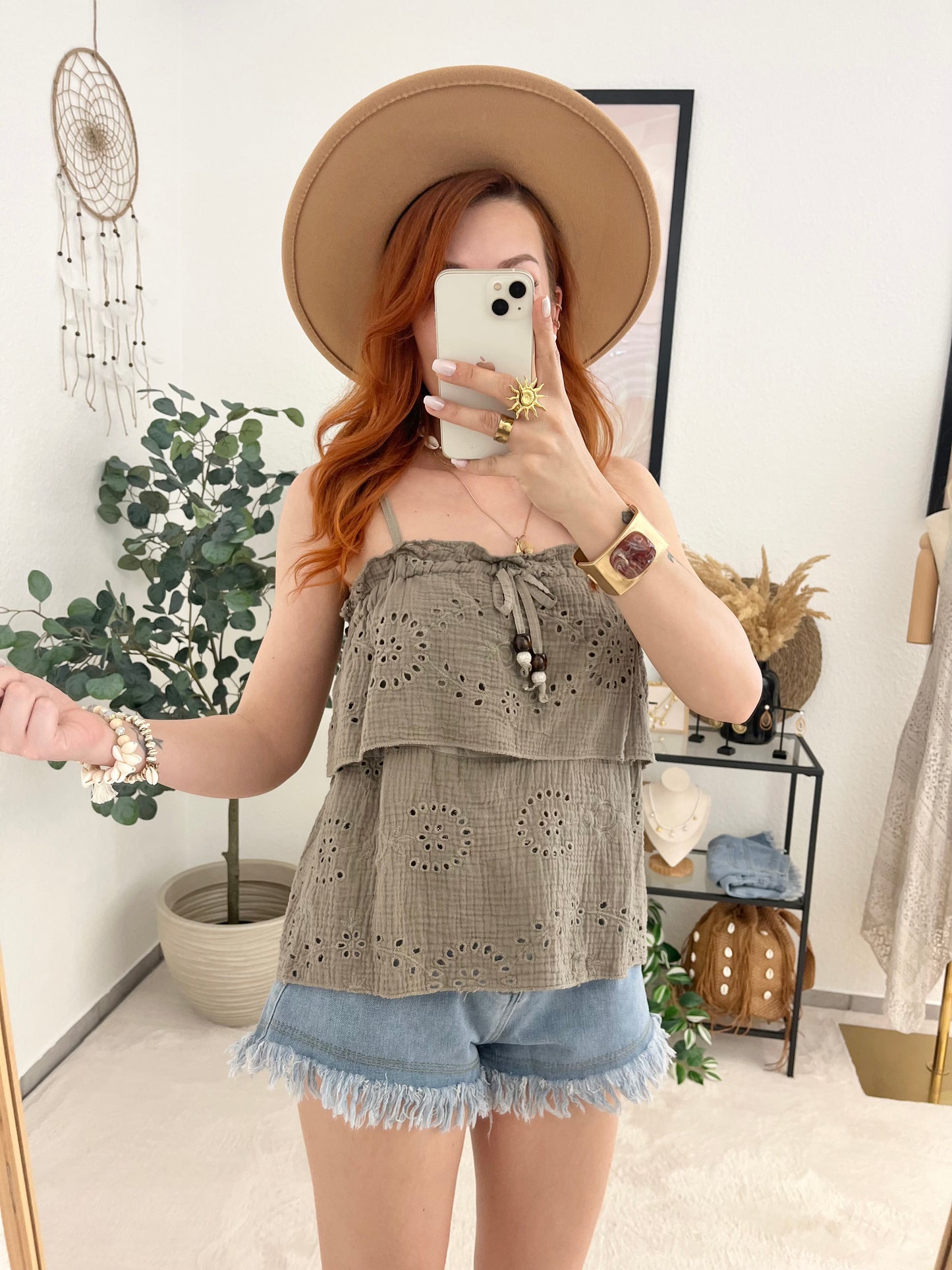 Top "Leonie" taupe - Lochstrick Sommertop