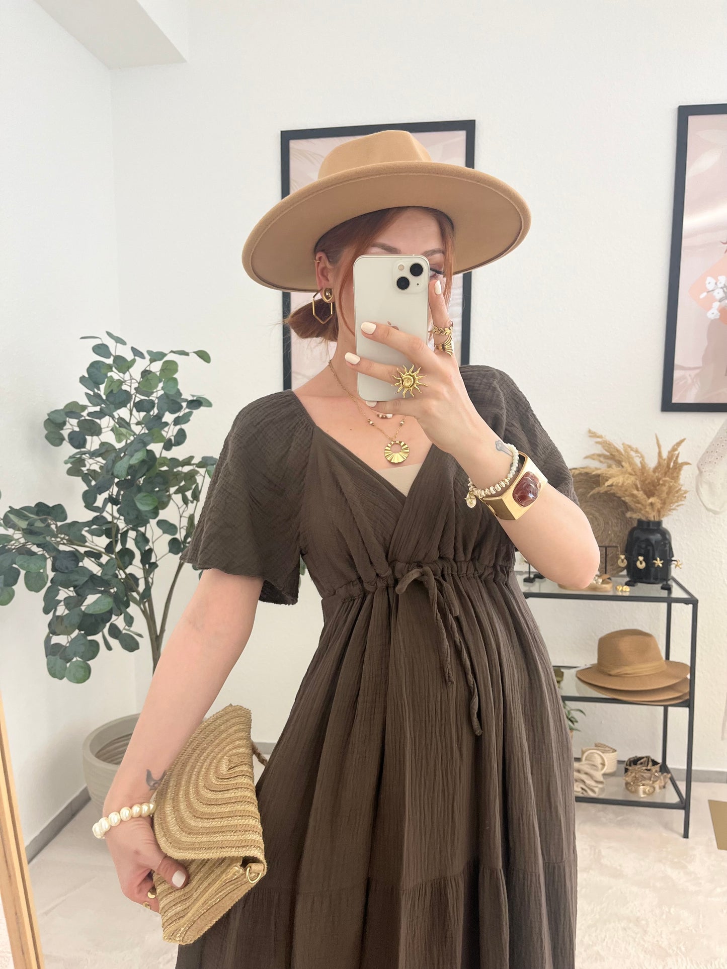 Musselinkleid "Sophia" braun - Maxikleid V-Auschnitt
