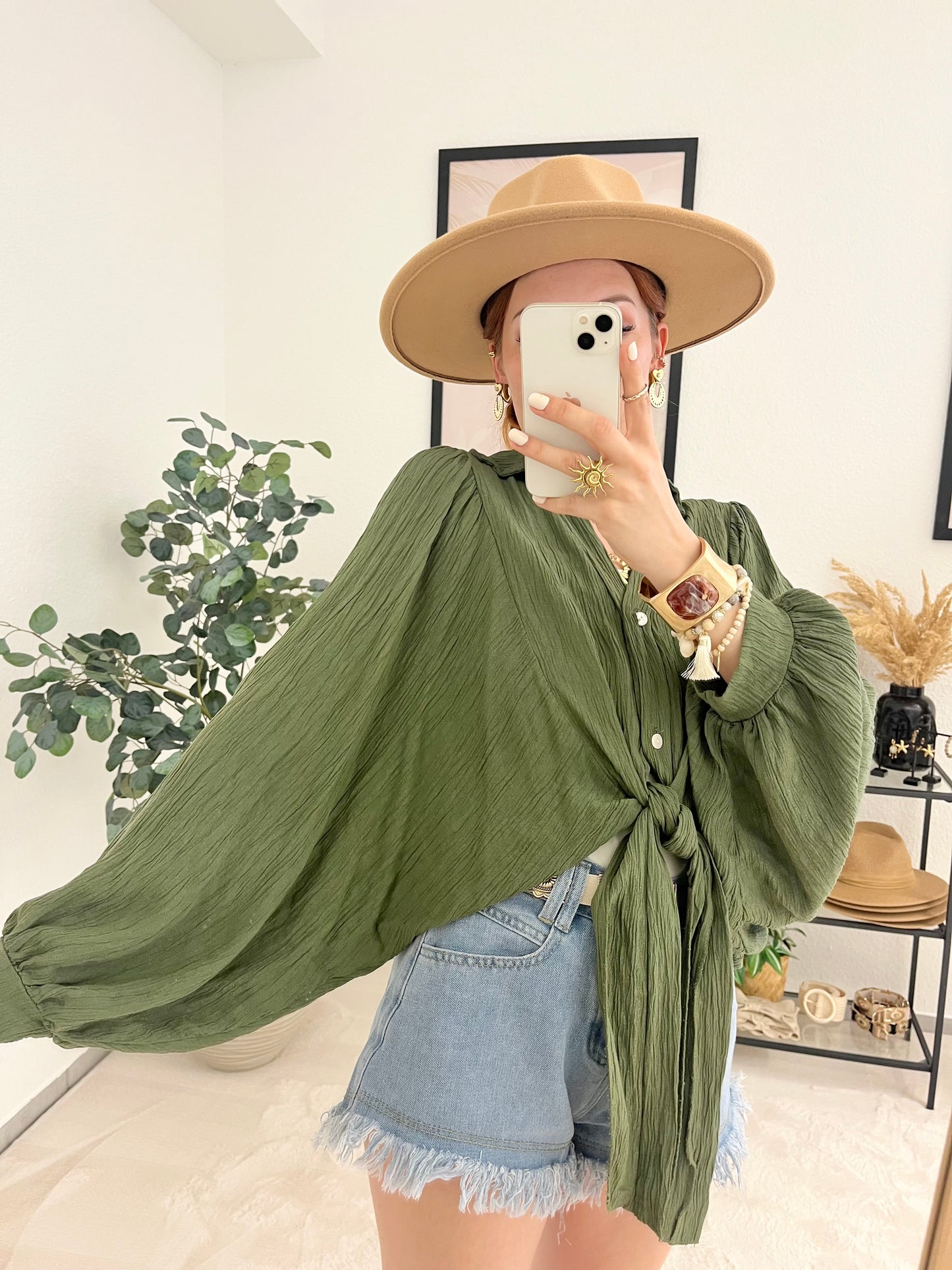Bluse "Agneta" khaki - weite Ballonbluse mit Knotenlook