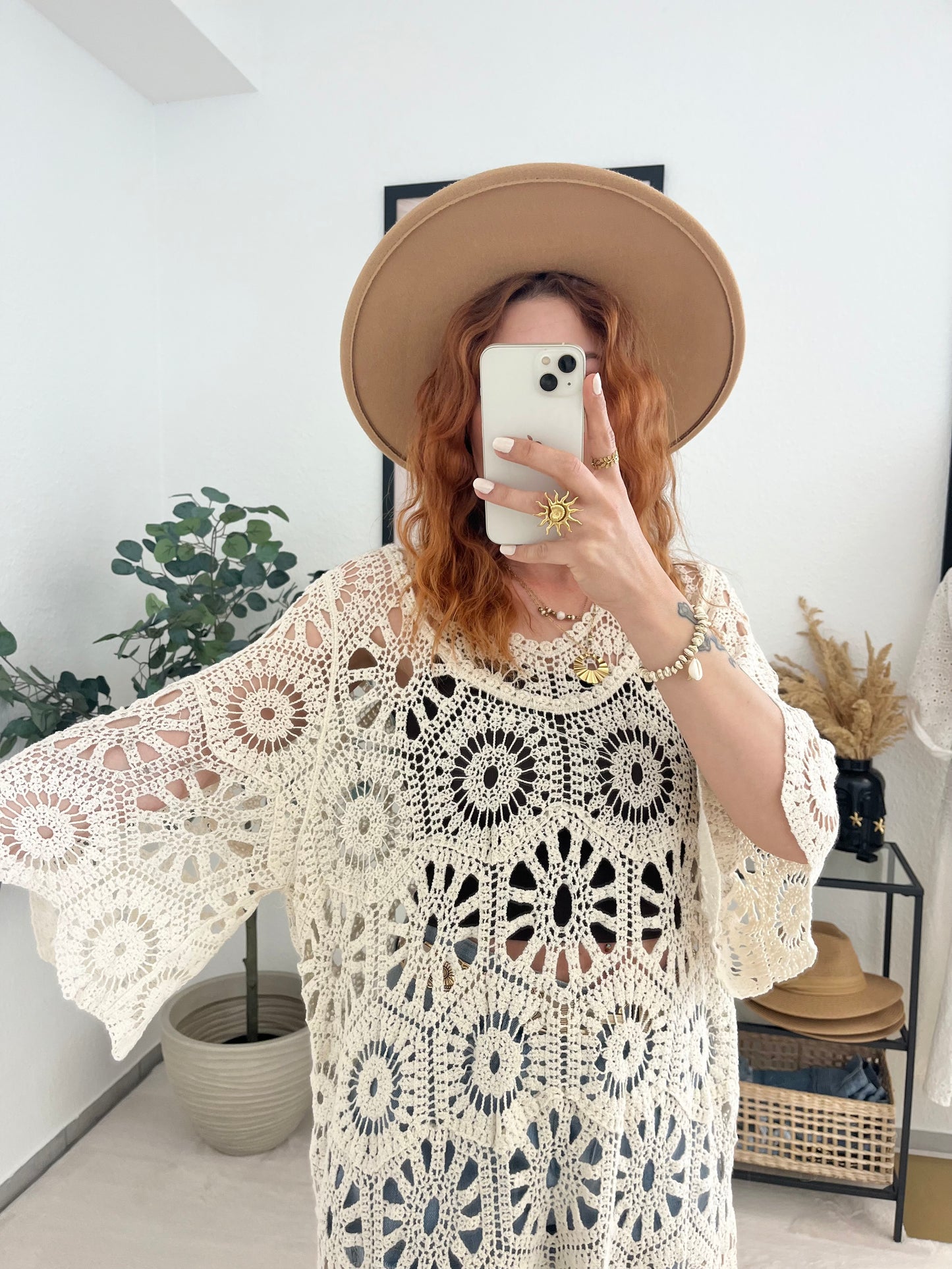 Strickkleid "Ohana" creme - Boho Häkelkleid