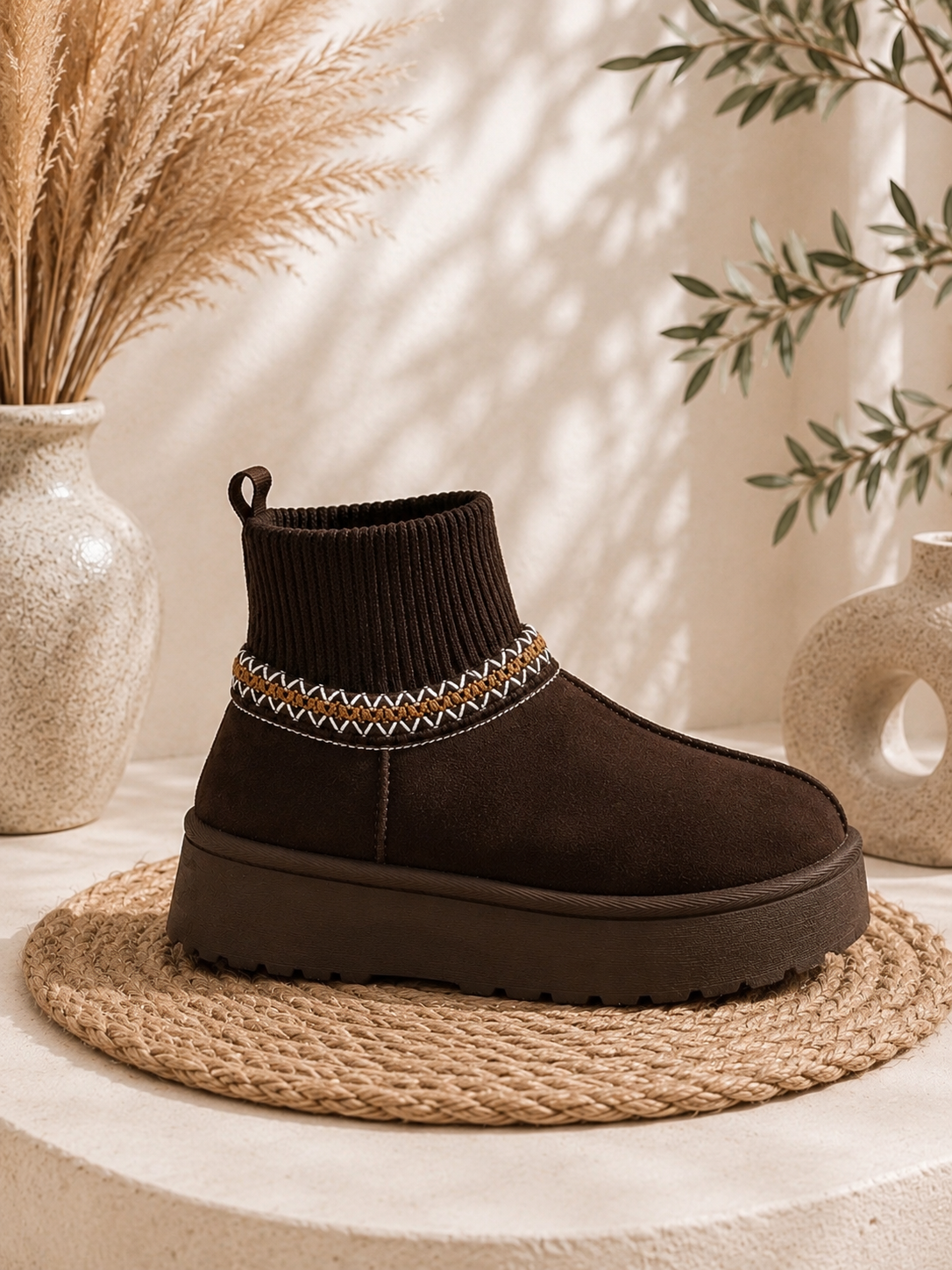 Cozy Boho Plateau Boots "ALLY" - dunkelbraun