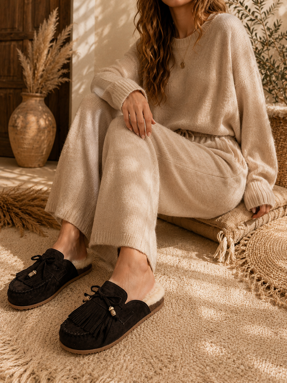 Boho Mokassin-Clogs mit Fransen in Dunkelbraun