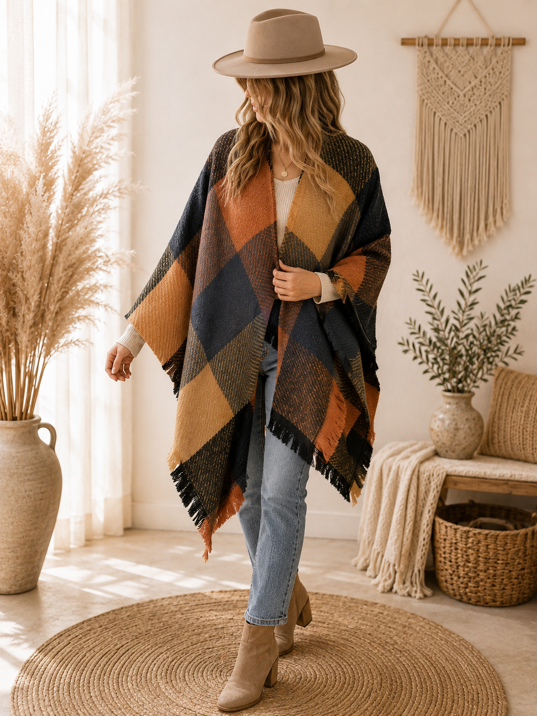 Poncho "HANNA" - karierter Poncho mit leichten Fransen