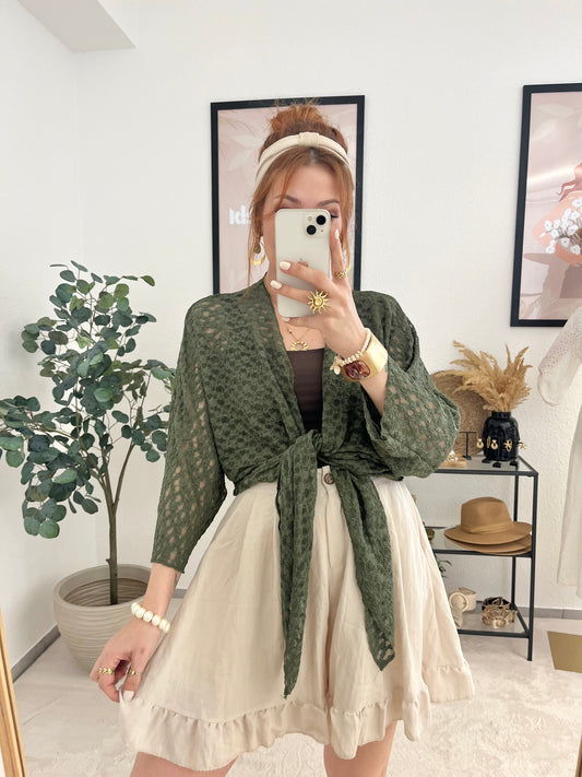 Jäckchen "Aurelia" khaki- Spitzenjacke zum Knoten