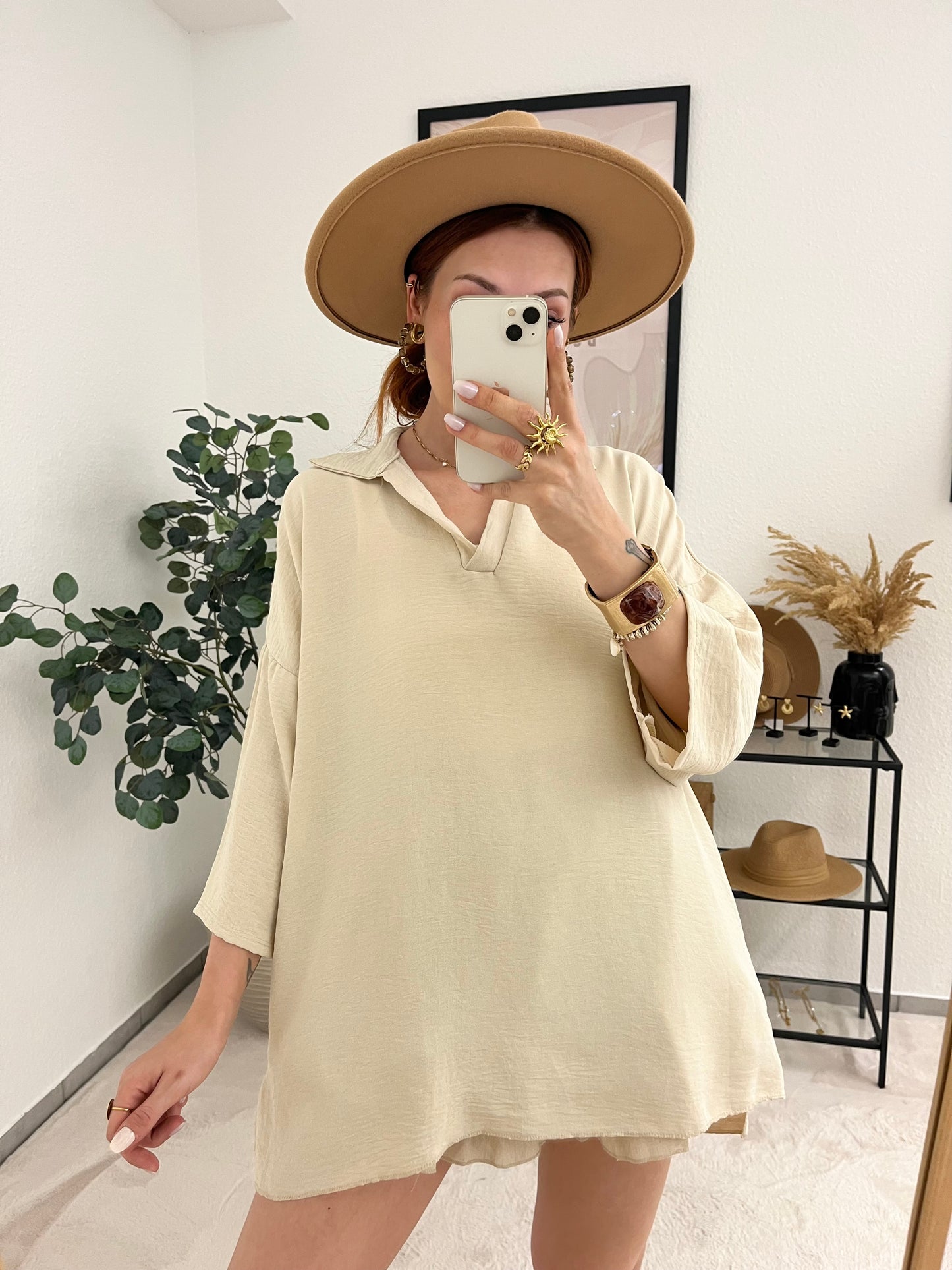 Oberteil "Viola" beige - leichtes 3/4 Shirt mit Kragen Neu