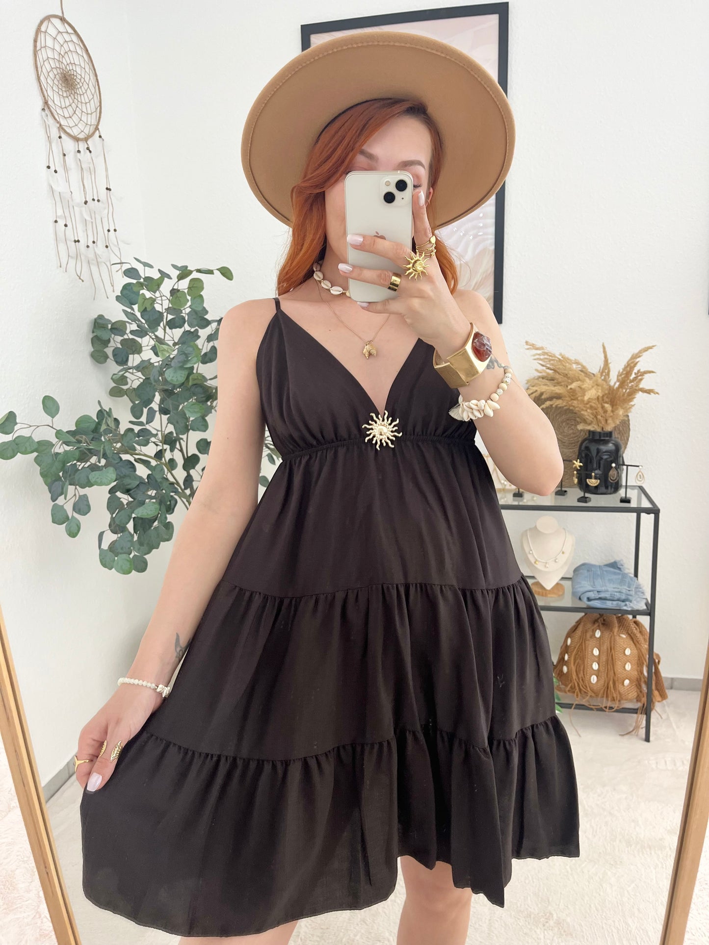 Kleid "Nicoletta" braun - süßes Sommerkleid mit Brosche