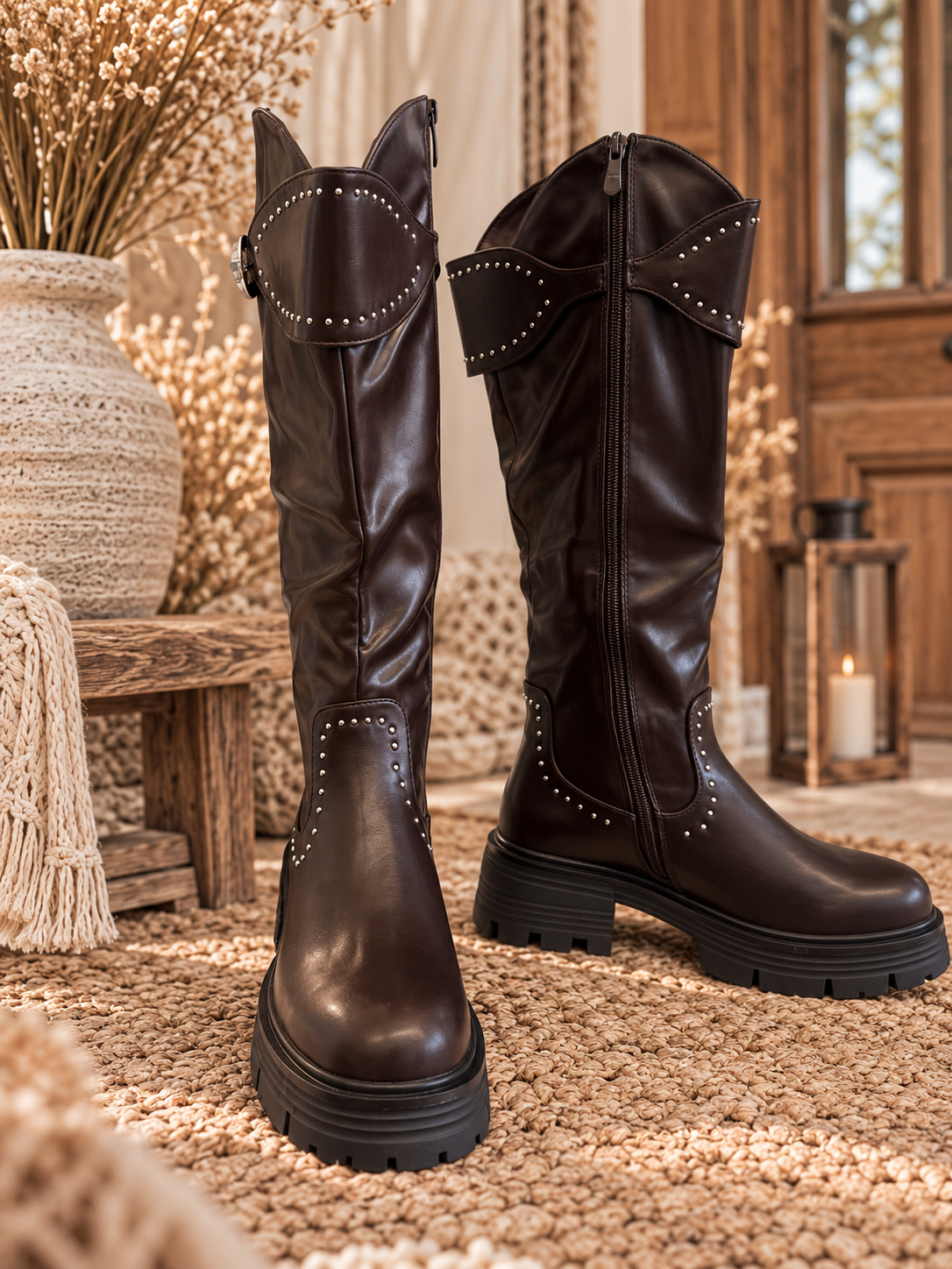 Stiefel "ESTELA" - Westernlook Boots mit Nietendetails in Dunkelbraun