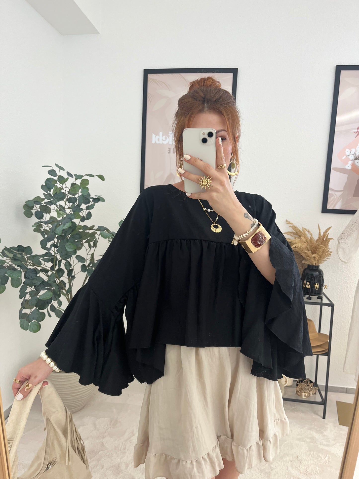 Bluse "Melissa" schwarz - Bluse mit weiten Rüschen
