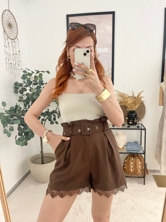 Shorts "Catarina" braun - Shorts mit Spitzendetails