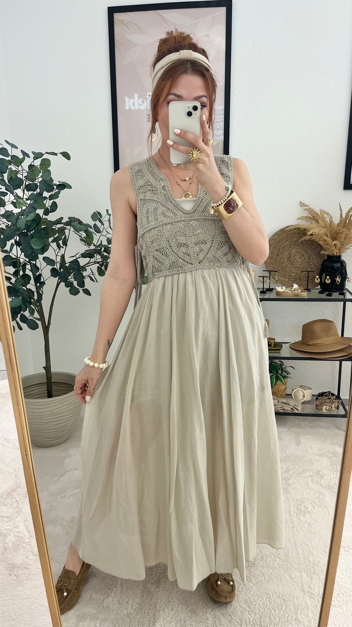 Kleid "Natalia" beige - Stricklook leichtes Kleid im Boho Style
