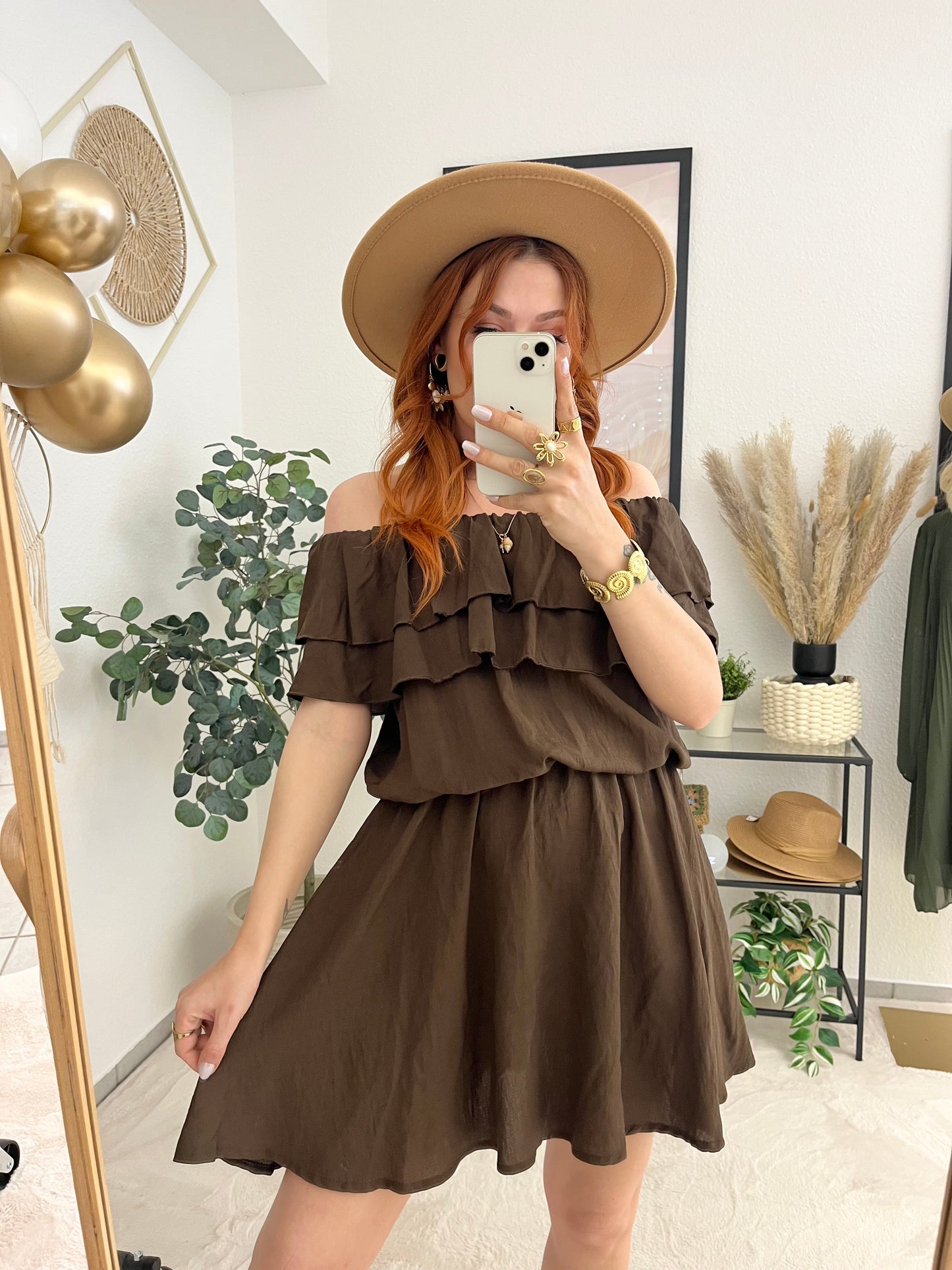 Kleid "Katharine" braun - Offshoulder Kleid mit Rüschen