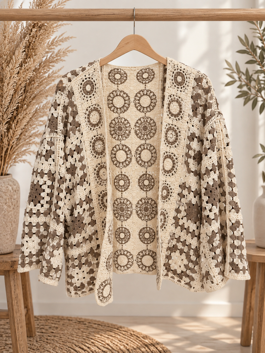 Häkeljacke im Bohostil - Langarm | Taupe / Creme