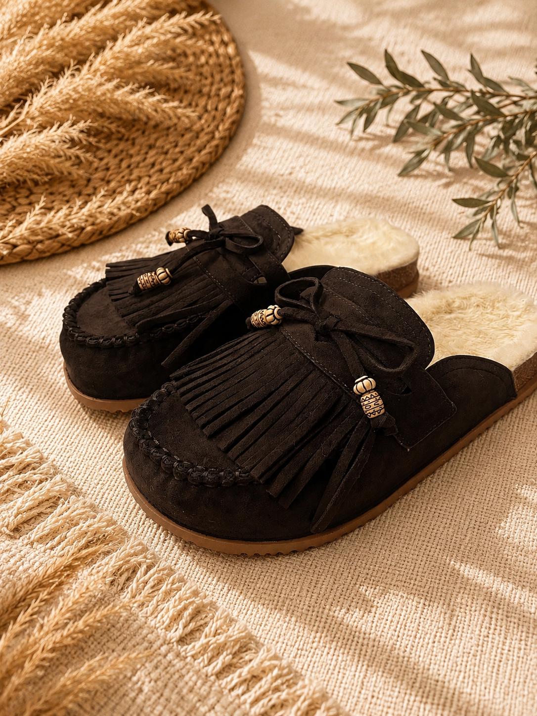 Boho Mokassin-Clogs mit Fransen in Dunkelbraun