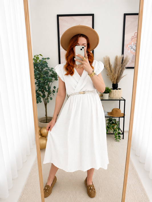 Kleid " Andrea " weiß - Midikleid mit Gürtel