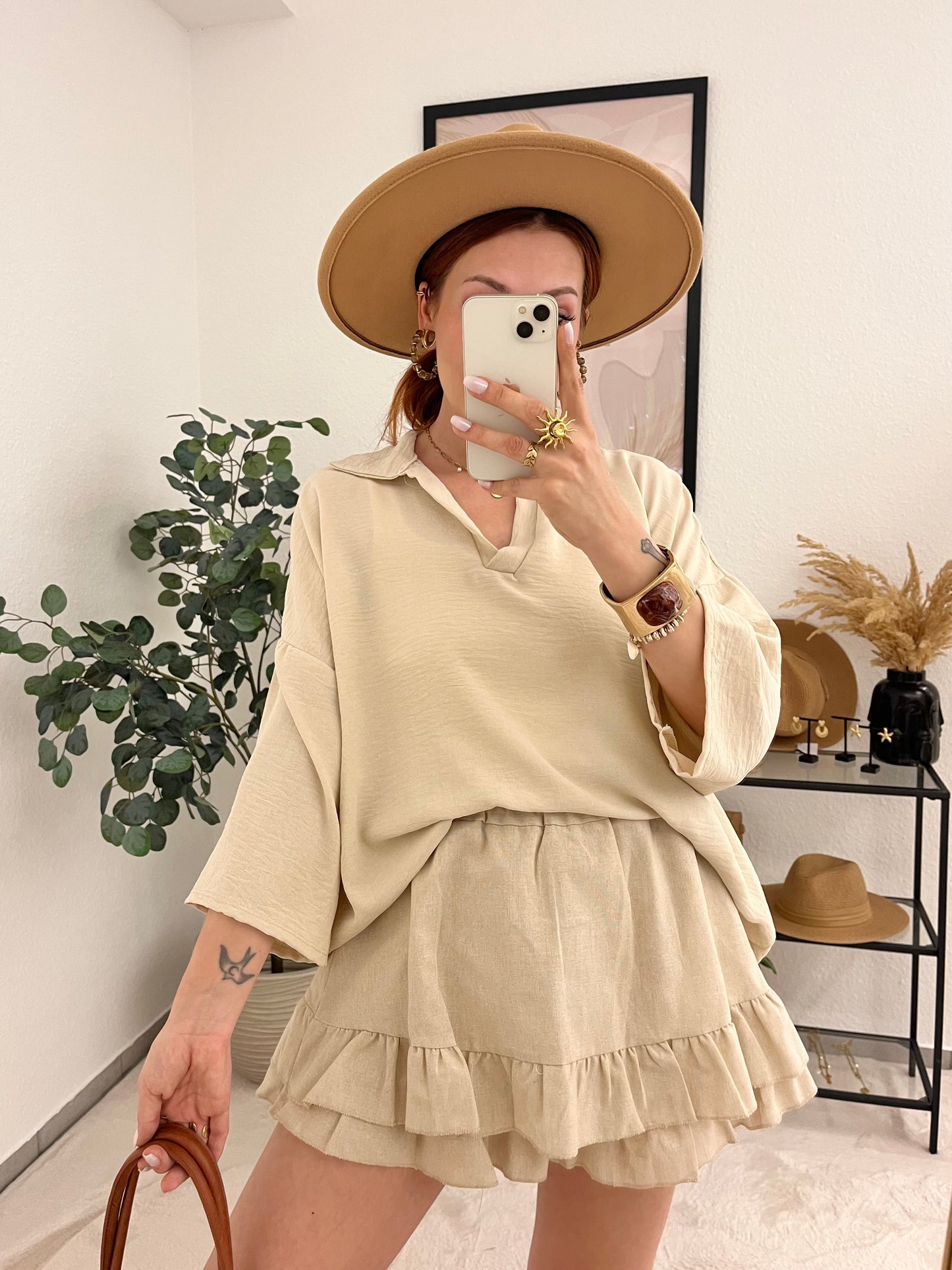 Oberteil "Viola" beige - leichtes 3/4 Shirt mit Kragen Neu