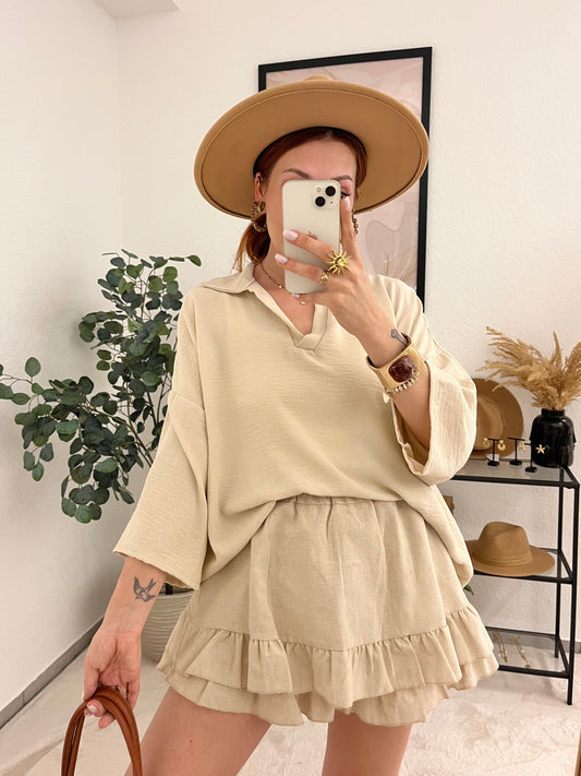Oberteil "Viola" beige - leichtes 3/4 Shirt mit Kragen Neu