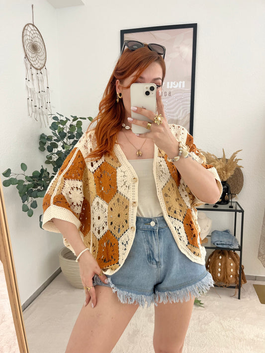 Häkelcardigan "Bianca" - Bohostil Cardigan mit Knöpfen