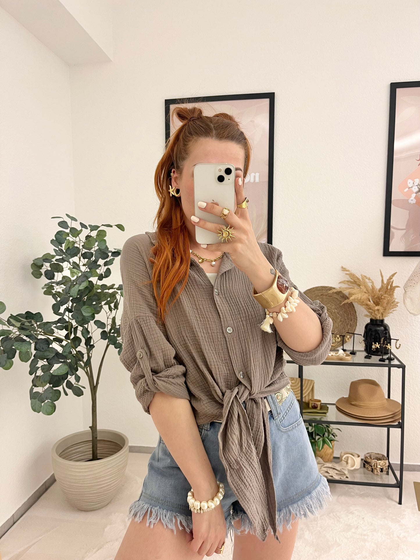 Bluse "Maria" taupe - Musselinbluse im Knotenlook