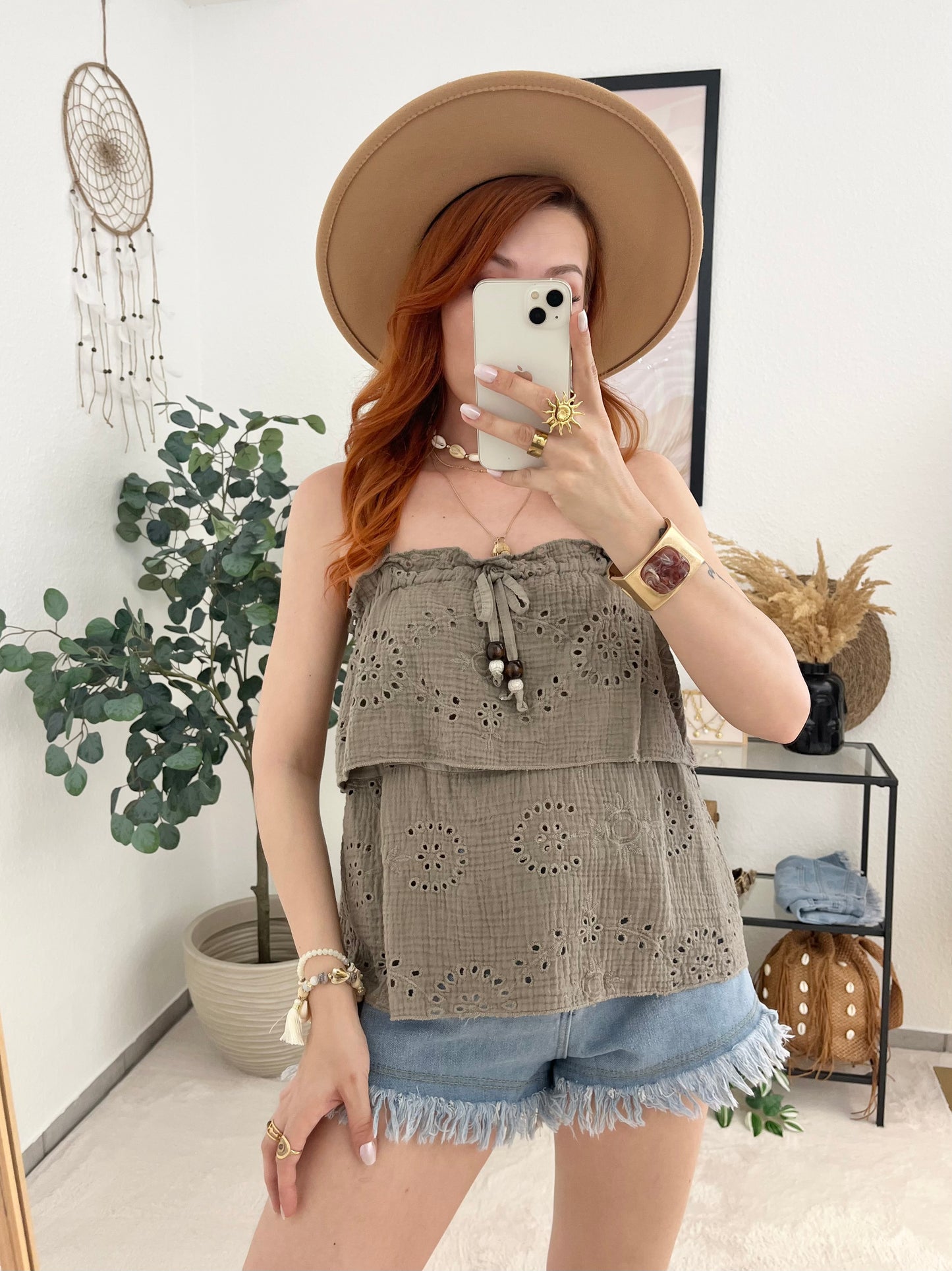 Top "Leonie" taupe - Lochstrick Sommertop