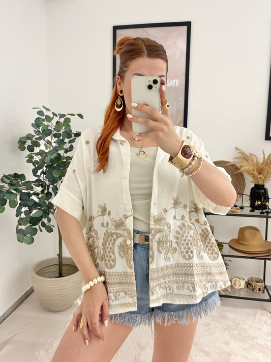 Bluse "Cleo" creme - Hemdbluse mit goldenen Strickereien Boho