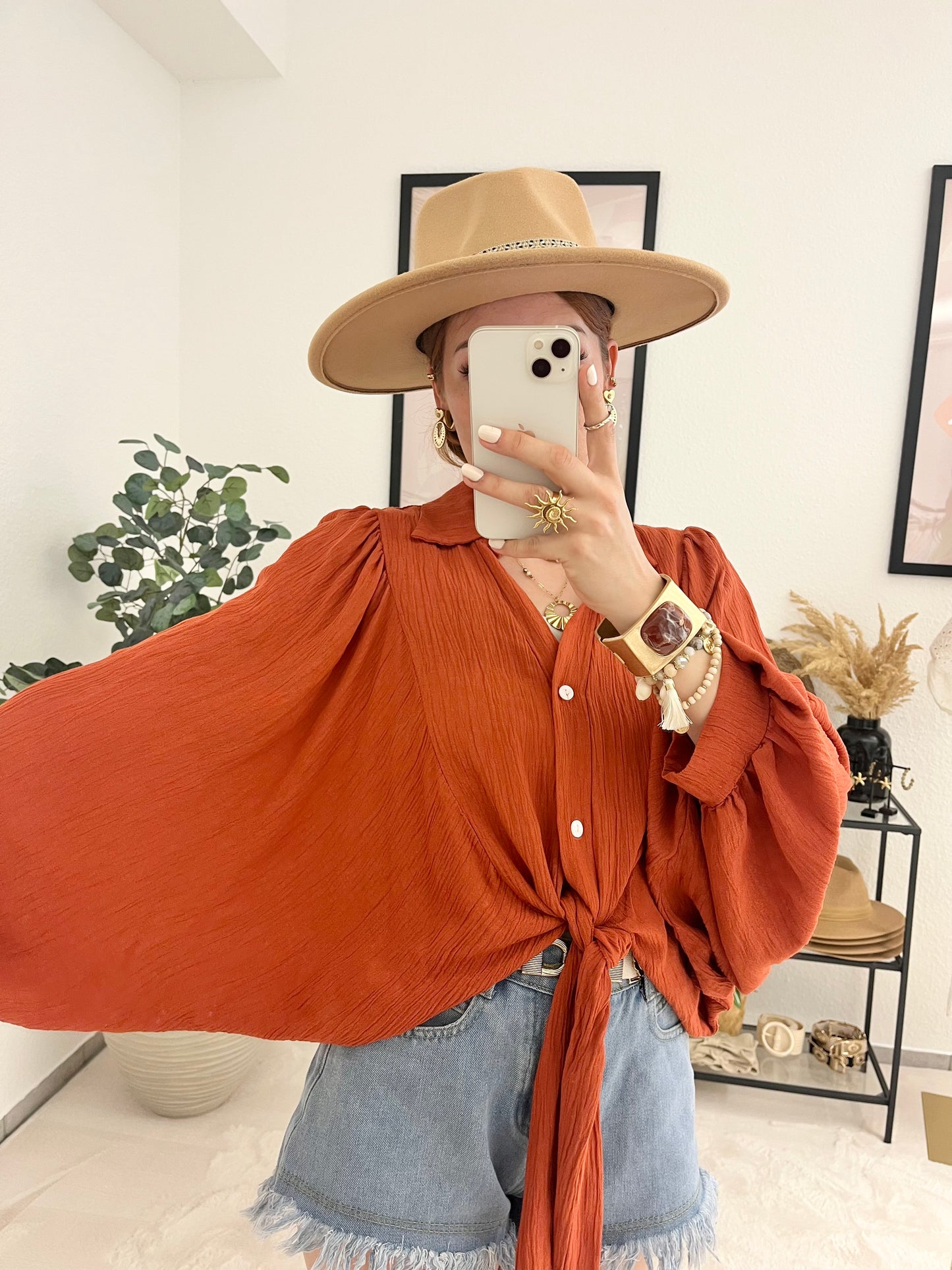 Bluse "Agneta" rost - weite Ballonbluse mit Knotenlook