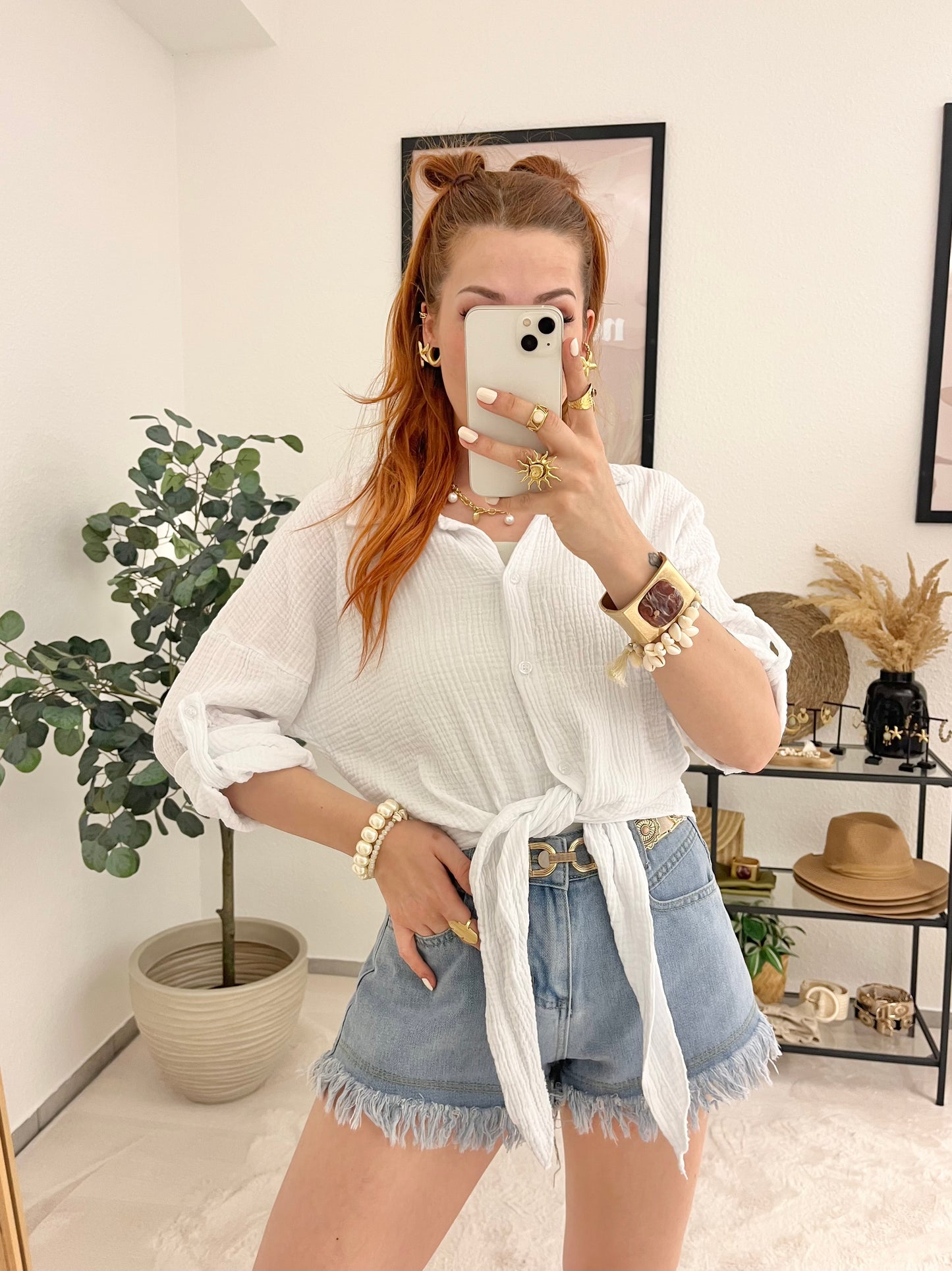 Bluse "Maria" weiß - Musselinbluse im Knotenlook