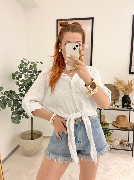 Bluse "Maria" weiß - Musselinbluse im Knotenlook