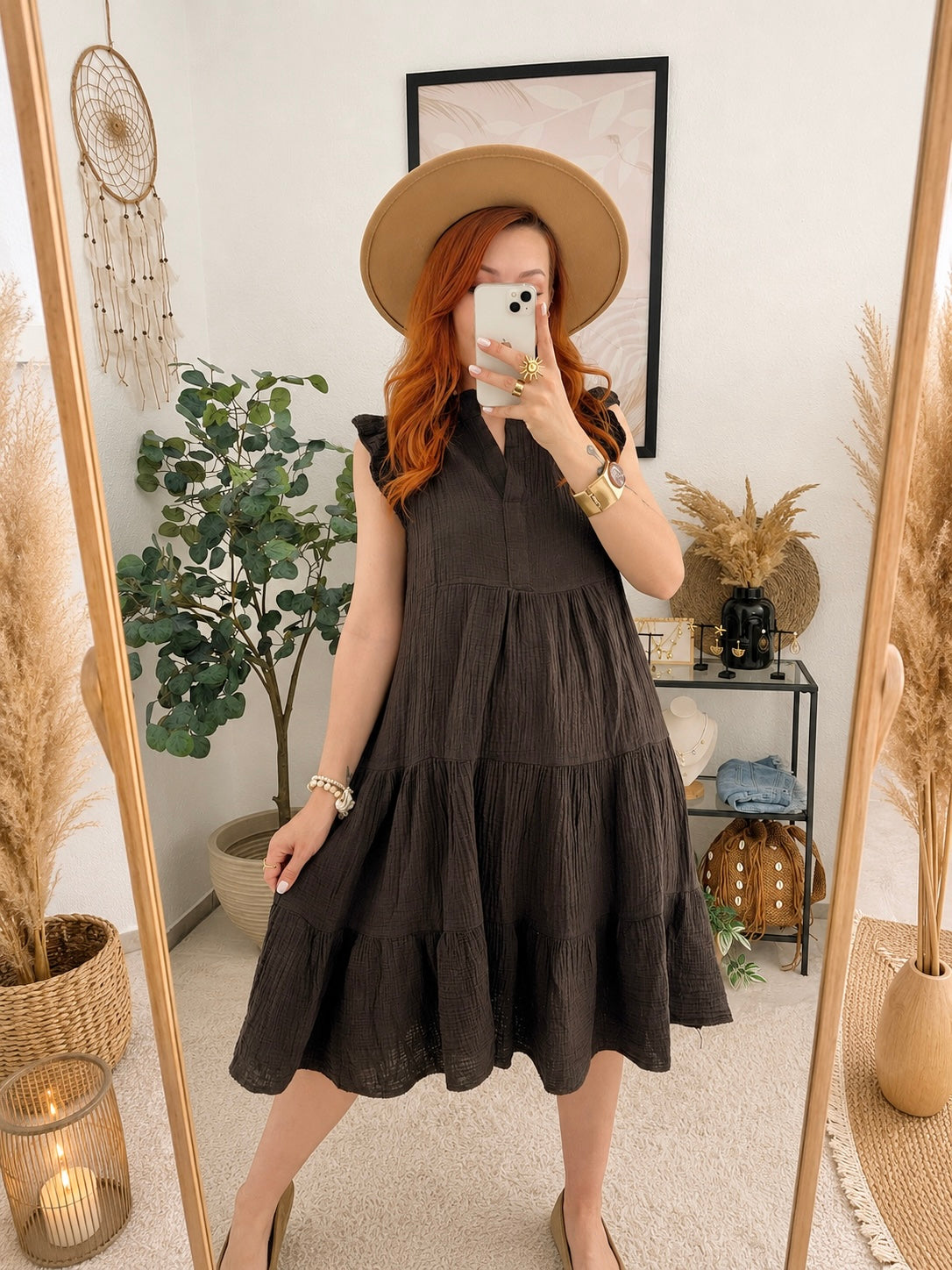 Musselinkleid "Victoria" braun - leichtes Sommerkleid aus Baumwolle